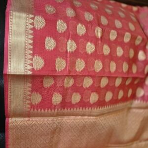 Beautiful Blush Pink Benarasi Chanderi Sari With Gold Zari Border & Matching BP